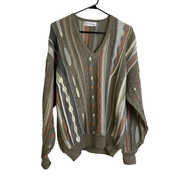 St Croix Sweater Mens Size Medium Brown Grey Coogi Style Pullover V Neck Knit * - Picture 1 of 10